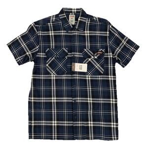 Dickies Mens Work Shirt M Short Sleeve Button Up Blue Plaid Pockets NWT